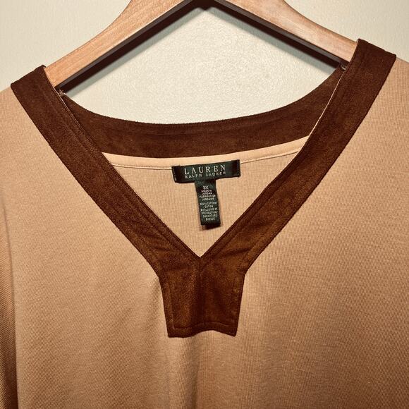 Lauren Ralph Lauren Tunic Sweater Knit Tan Brown V Neck Faux Suede Trim 3X - Picture 2 of 6